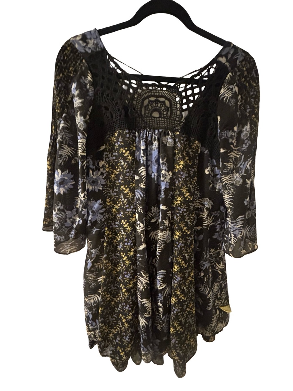 Free People Black Blue Chiffon Floral Crochet Yoke Boho Tunic XS